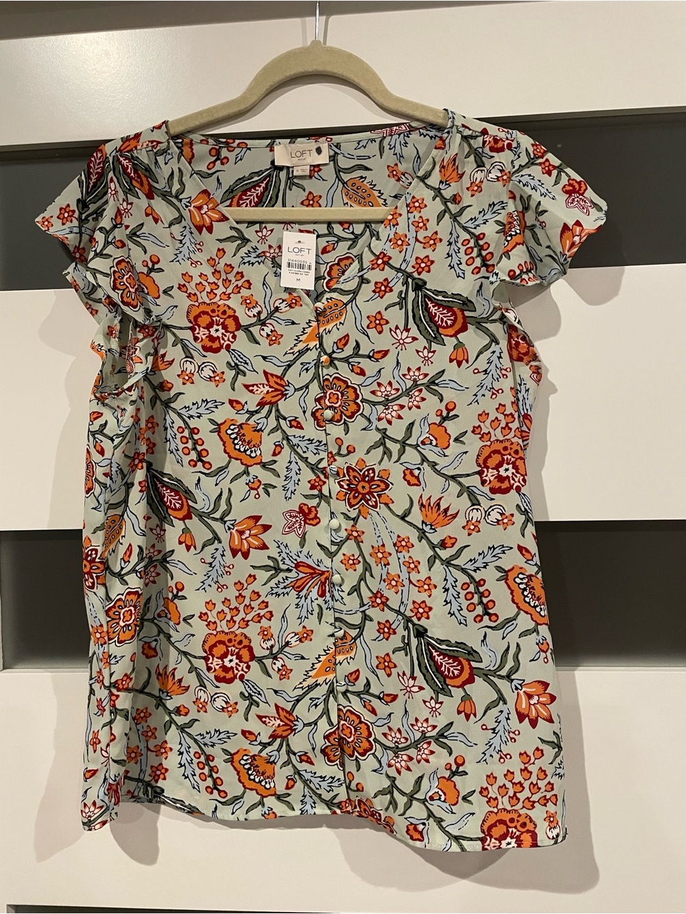 NWT LOFT Sage Green Floral Ruffle Cap-Sleeve Blouse